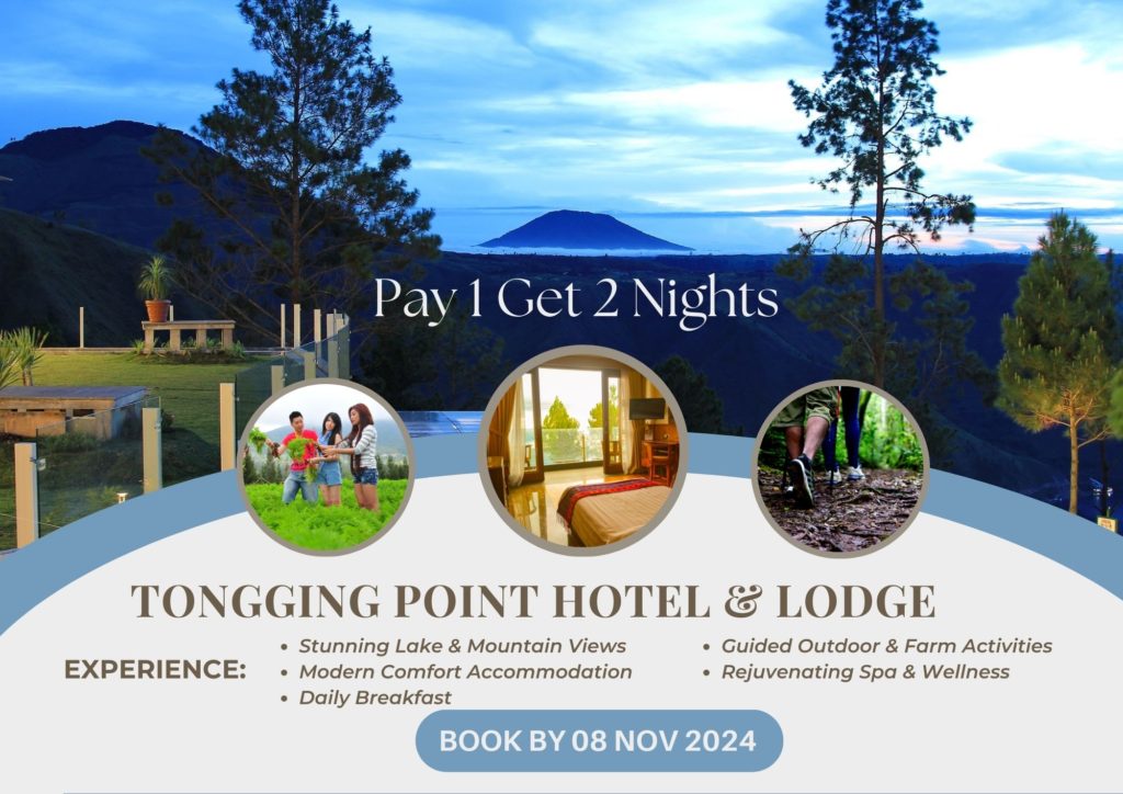 Our most popular Pay 1 Get 2 Nights deal is back! Get 50% OFF our published rate if you stay for 2 nights or more at Tongging Point: Hotel – Superior/Deluxe room or Tongging Point Lodge – Superior/ Deluxe room.

This rate includes:

2 night stay at your choice of accommodation
Daily breakfast
Complimentary selected guest activities
Complimentary vehicle entrance tickets.